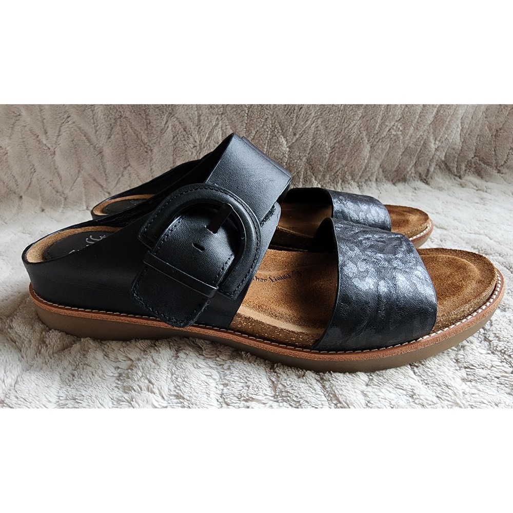 Sofft Braye Black Leather Leopard Print Buckle Slide Sandals 9.5M - Picture 3 of 8